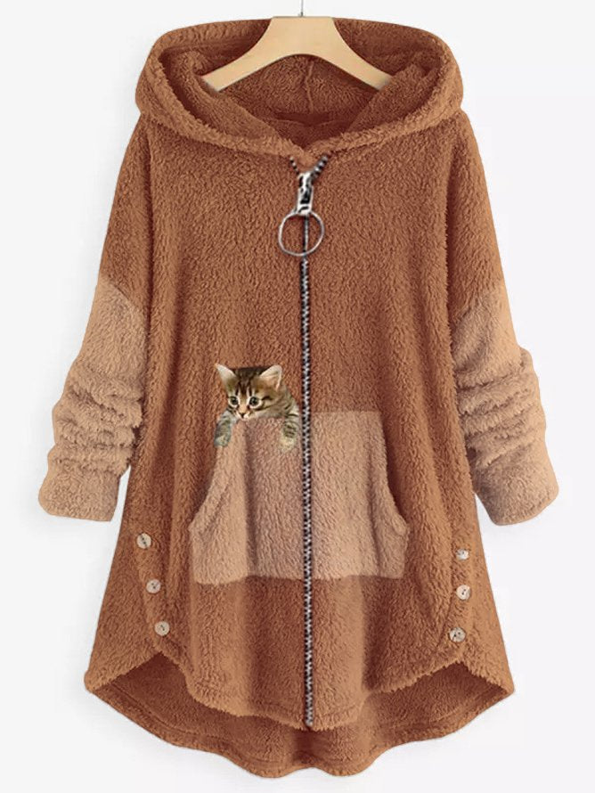 JO | Cozy fleece hooded jacket with adorable cat print