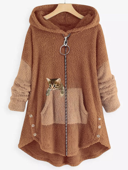 JO | Cozy fleece hooded jacket with adorable cat print