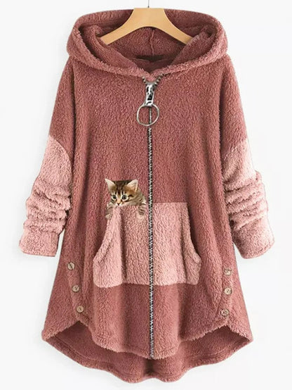 JO | Cozy fleece hooded jacket with adorable cat print
