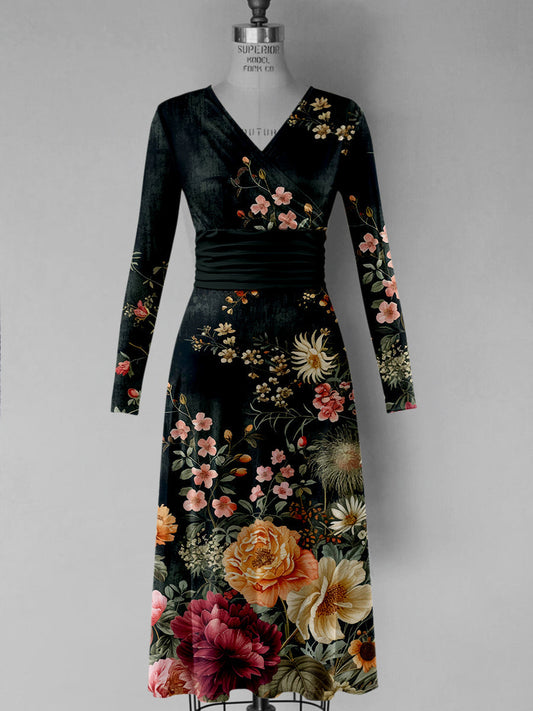 JO | Retro Floral Art Printed Vintage V-Neck Pleated Waist Long Sleeves Midi Dress